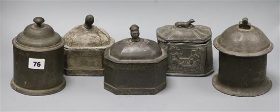 A collection of five 18th century lead tobacco jars